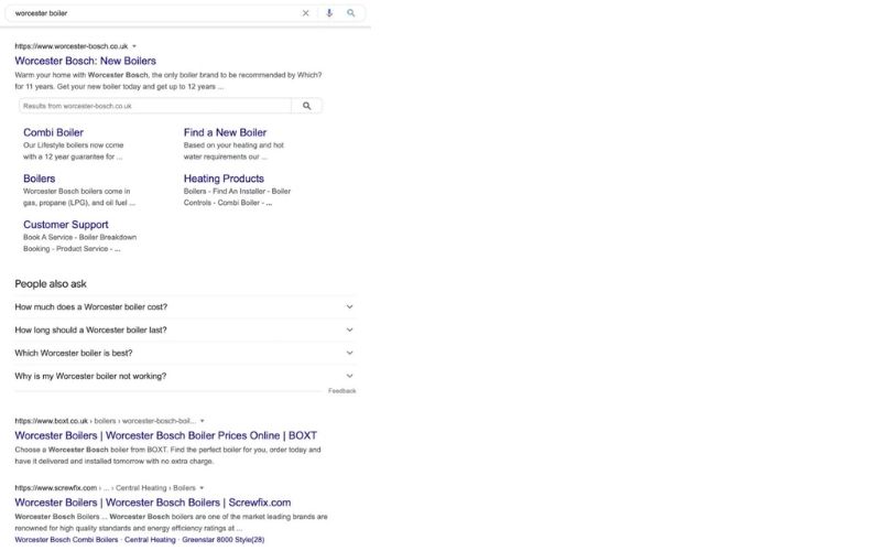 搜索引擎结果页面显示有关“Worcester boiler”的信息，包括相关链接和常见问题。