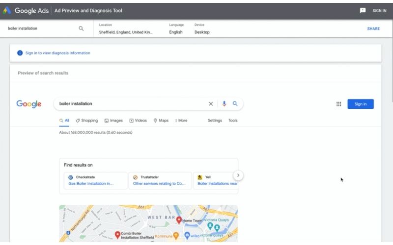 Google Ads广告预览和诊断工具界面，搜索关键词“boiler installation”，显示结果和地图位置。
