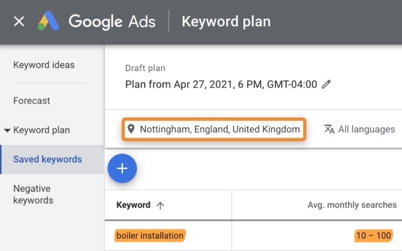 Google Ads 界面，显示关键词规划工具，地点设置为英国诺丁汉，保存的关键词是“boiler installation”，平均月搜索量为10至100。