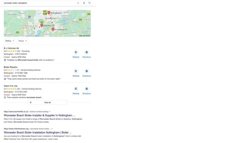 Google搜索结果页面，搜索关键词为“worcester boiler nottingham”。显示了一些与锅炉相关的服务及其地图位置、联系信息和评价星级。