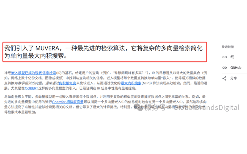 一段关于引入MUVERA的文本,介绍该算法简化复杂多向量检索为单向量最大内积搜索。