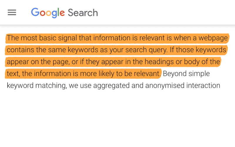 Google搜索结果页面，强调网页内容与搜索关键词匹配的重要性，关键词出现在标题或正文中时更可能被认为相关。