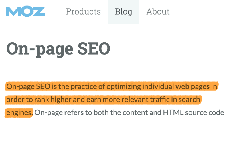 MOZ博客页面，介绍页面SEO（On-page SEO）的定义，即优化单独网页以提升搜索引擎排名并获得更多相关流量，包含内容和HTML源代码优化