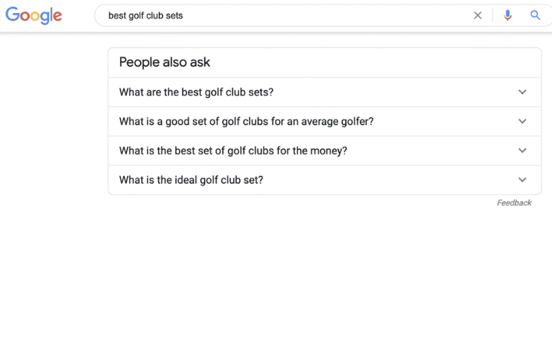 Google搜索结果页面，“People also ask”部分展示与“最佳高尔夫球杆套装”相关的常见问题，如“适合普通高尔夫球手的套装是什么