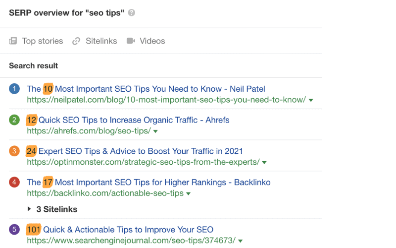 Ahrefs的SERP概览页面，列出“SEO技巧”相关的搜索结果，包括Neil Patel、Ahrefs、Backlinko等网站的文章和资源
