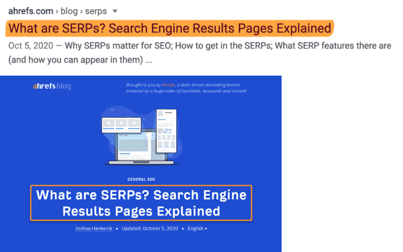 Ahrefs博客页面，介绍SERP（搜索引擎结果页面）的定义及其重要性，包含如何在SERP中排名靠前的技巧