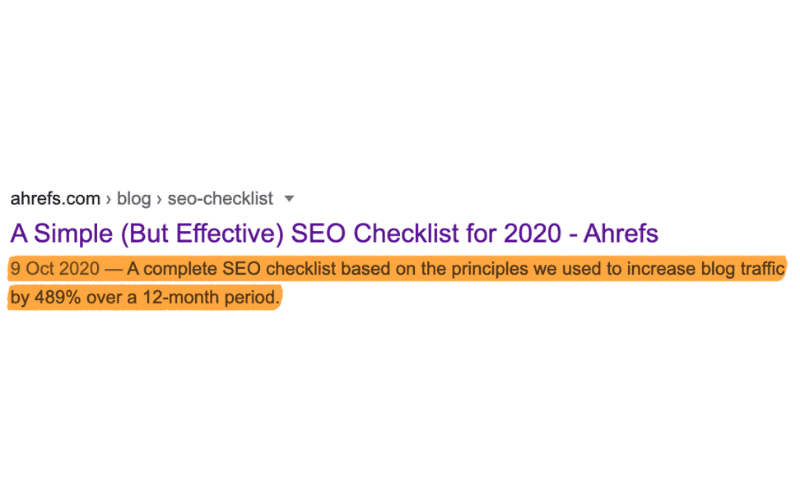 Ahrefs博客文章标题为“简单但有效的2020年SEO检查表”，介绍通过SEO原则在12个月内将博客流量提升489%的方法