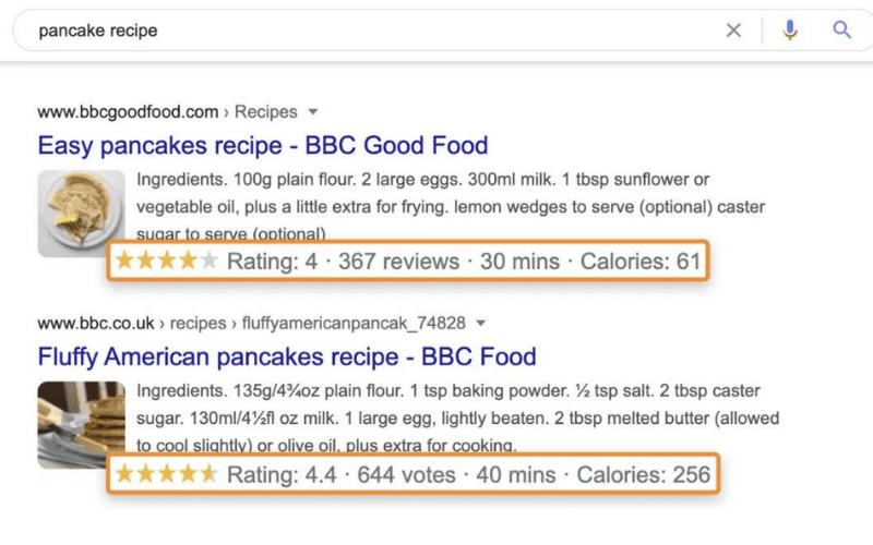 Google搜索结果页面，展示两种煎饼食谱的详细信息，包括评分、评论数量、制作时间和卡路里含量。