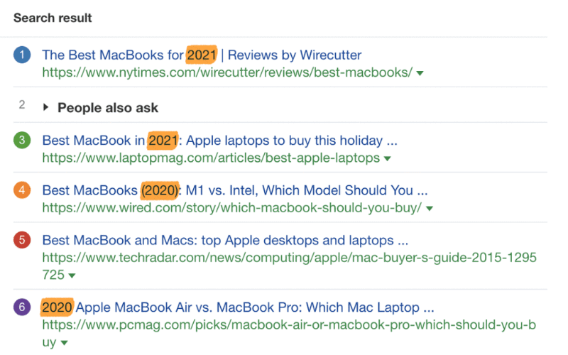 搜索结果页面展示“Best MacBooks”的相关链接，包含2021和2020年MacBook型号的推荐和对比文章。