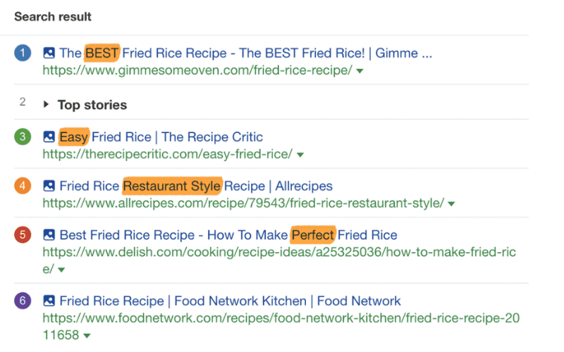 搜索结果页面展示“Fried Rice Recipe”的相关链接，包括简单炒饭、餐厅风格炒饭及完美炒饭的制作教程