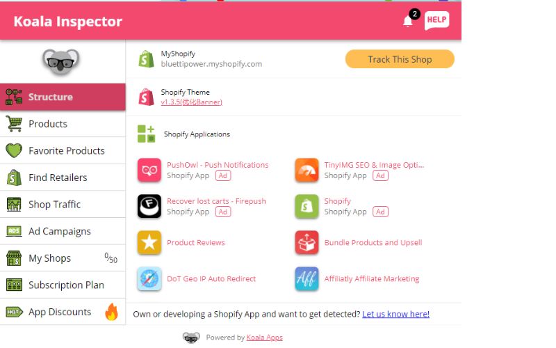 Koala Inspector工具展示的Shopify商店数据,包括Shopify主题、安装的应用程序(如推送通知、购物车恢复、产品评论等)以及订阅计划和广告活动信息。