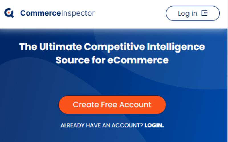 CommerceInspector工具界面,用于电子商务竞争情报分析,显示登录和注册按钮。