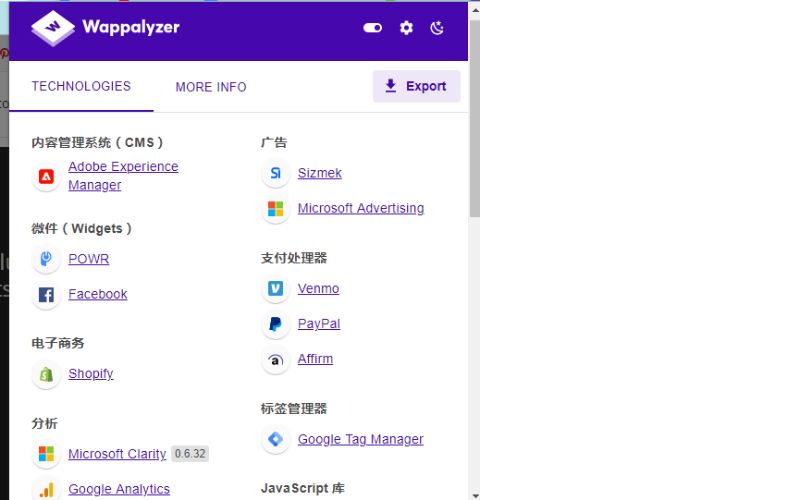 Wappalyzer工具展示的一个网站使用的技术栈,包括内容管理系统、广告、电子商务平台、分析工具、支付处理器和标签管理器。