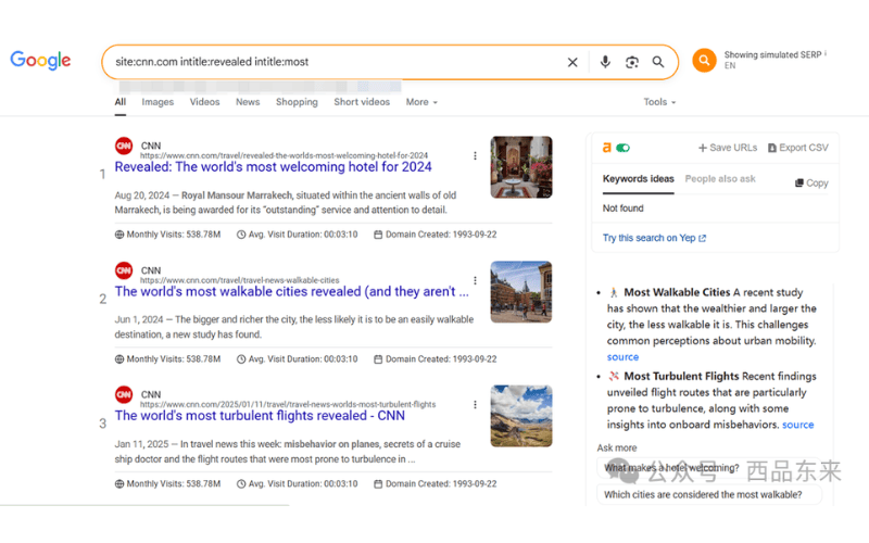 谷歌搜索结果页面，展示了使用搜索指令“site:cnn.com intitle:revealed intitle:most”的搜索结果，包括多个CNN的文章链接及其相关数据，如月访问量、平均访问时长和域名创建时间。
