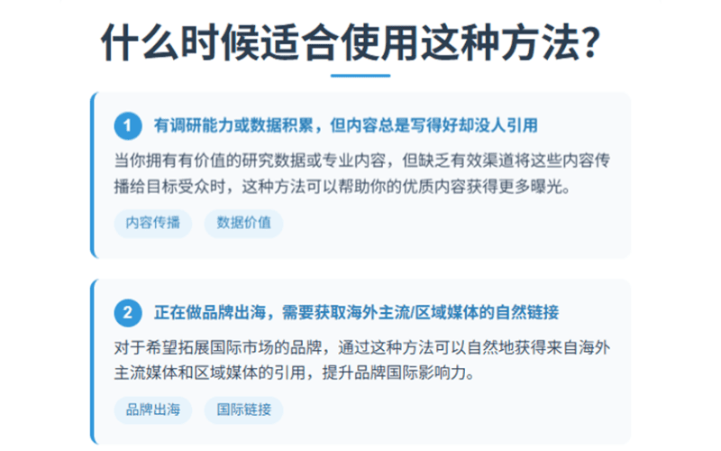 讲解在特定情况下适合使用Digital PR Link Building方法的场景，例如有调研能力但缺乏引用、品牌出海需要国际链接等。