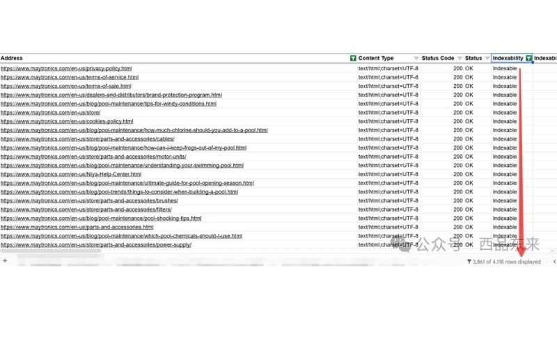 图片显示了一个网站链接列表，包括每个链接的地址、内容类型、状态码、状态和索引性。