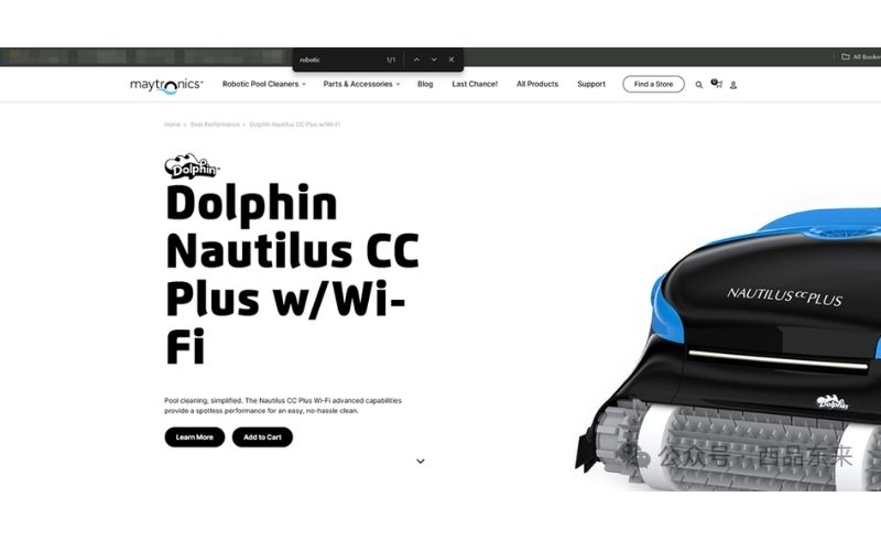 网站页面显示 Dolphin Nautilus CC Plus w/Wi-Fi 游泳池清洁机器人产品信息和图片。