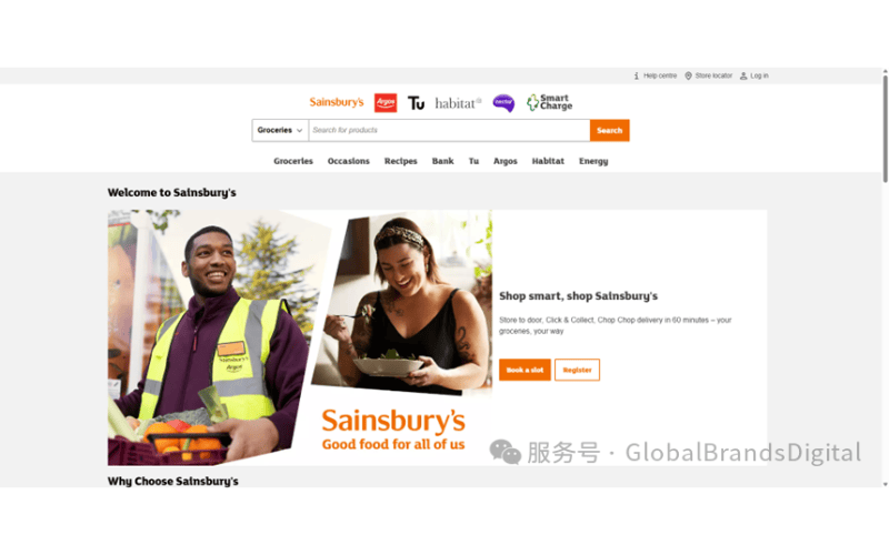 Sainsbury's超市主页截图,展示一名穿反光背心的工作人员和一名正在用餐的女士。