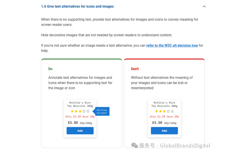 左边绿色边框部分显示正确做法,图像具有文本替代说明“评分为3星”。右边红色边框部分显示错误做法,无文本替代说明。