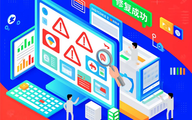 展示网站技术诊断与SEO问题修复的插画