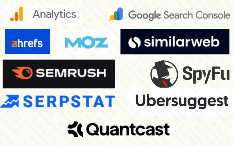 多个网络分析工具的标志，包括Google Search Console、ahrefs、MOZ和SEMRUSH等。