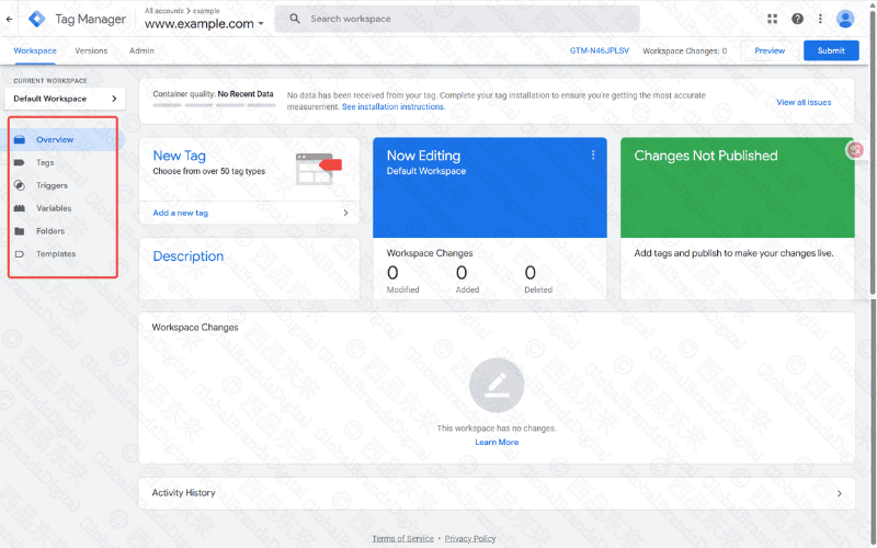 界面显示了Google Tag Manager的默认工作区，包括标签、触发器和变量的选项。