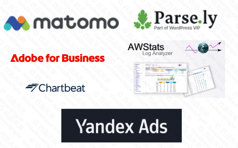 多个品牌和服务的图标，包括Matomo、Adobe for Business、Chartbeat和Yandex Ads等。