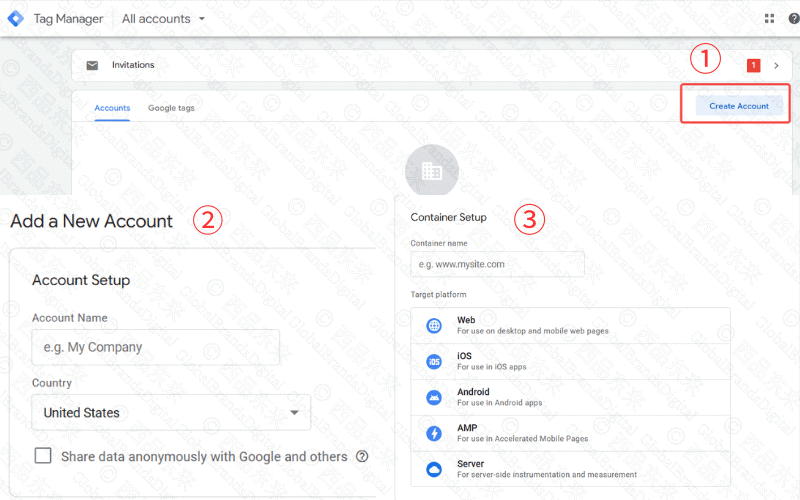 图像展示了Google标签管理器的界面，包含账户设置和容器设置选项。