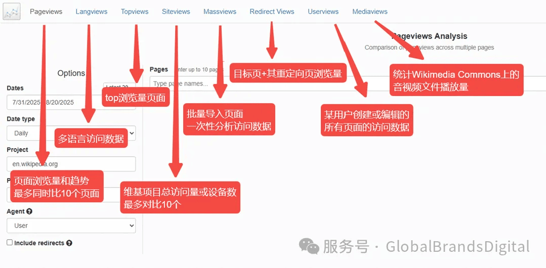 页面浏览分析界面，包含多个统计选项和各类数据输入框，旁边有红色箭头指示信息。