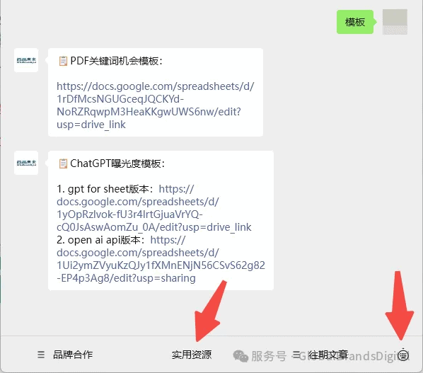 界面显示了两个链接，分别是PDF和ChatGPT的模板，底部有“实用资源”按钮。