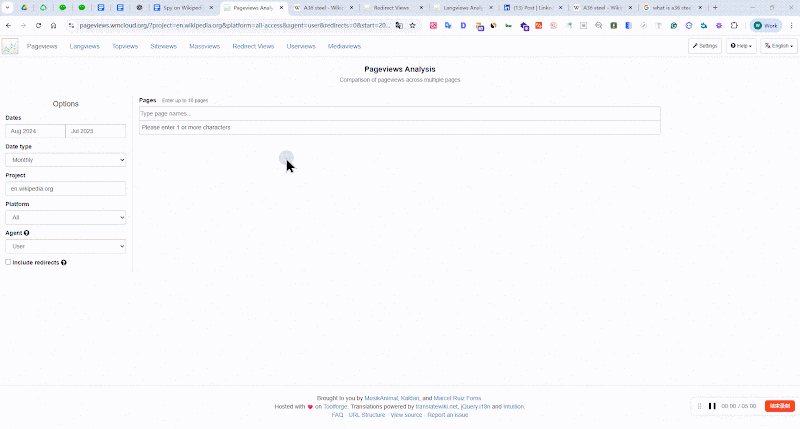 页面分析工具界面，展示多个页面的访问统计，用户正在输入页面名称。