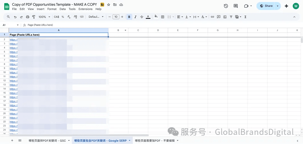 这是一个Google表格的截图，显示了用于输入网址的空白列和标题行。