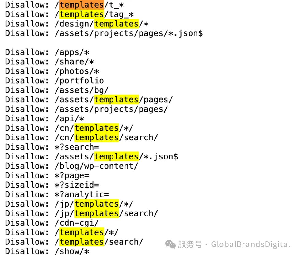 一段显示网站禁止访问指令的文本，重点突出包含“templates”的路径。