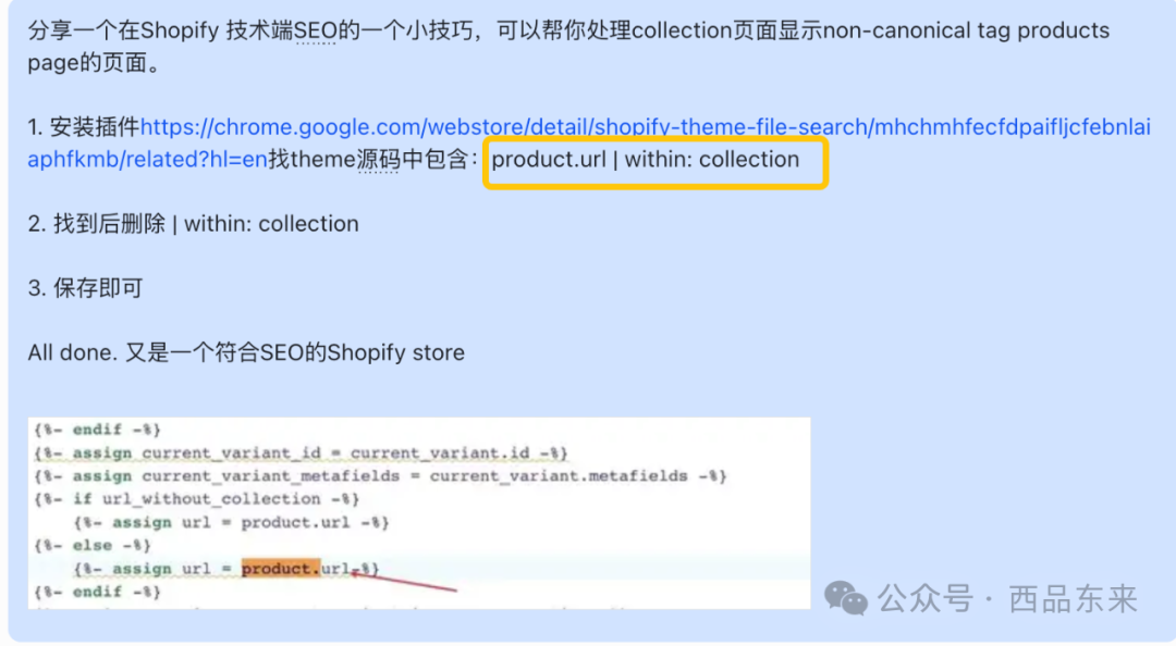 一段关于Shopify技术SEO的文字说明，包含代码段和插件安装步骤。