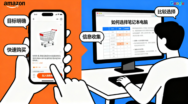 手机显示购物清单和购物车，电脑屏幕上有选择笔记本的指南和信息收集表格。