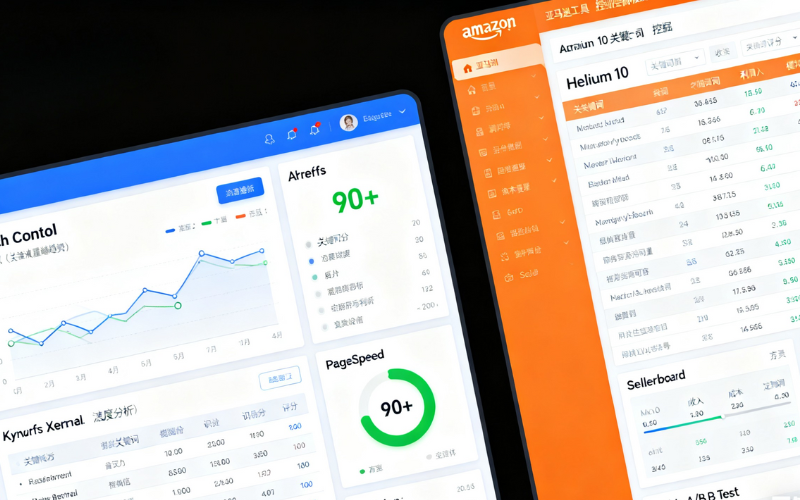 两个显示屏上展示了数据分析和电商工具的界面，包含统计图表和评分信息。