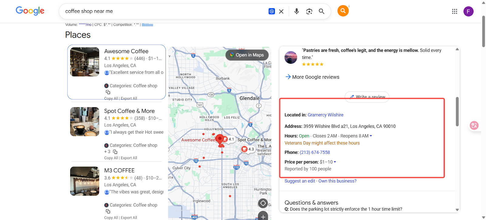 谷歌地图界面显示附近的咖啡店信息,包含评分和地址。