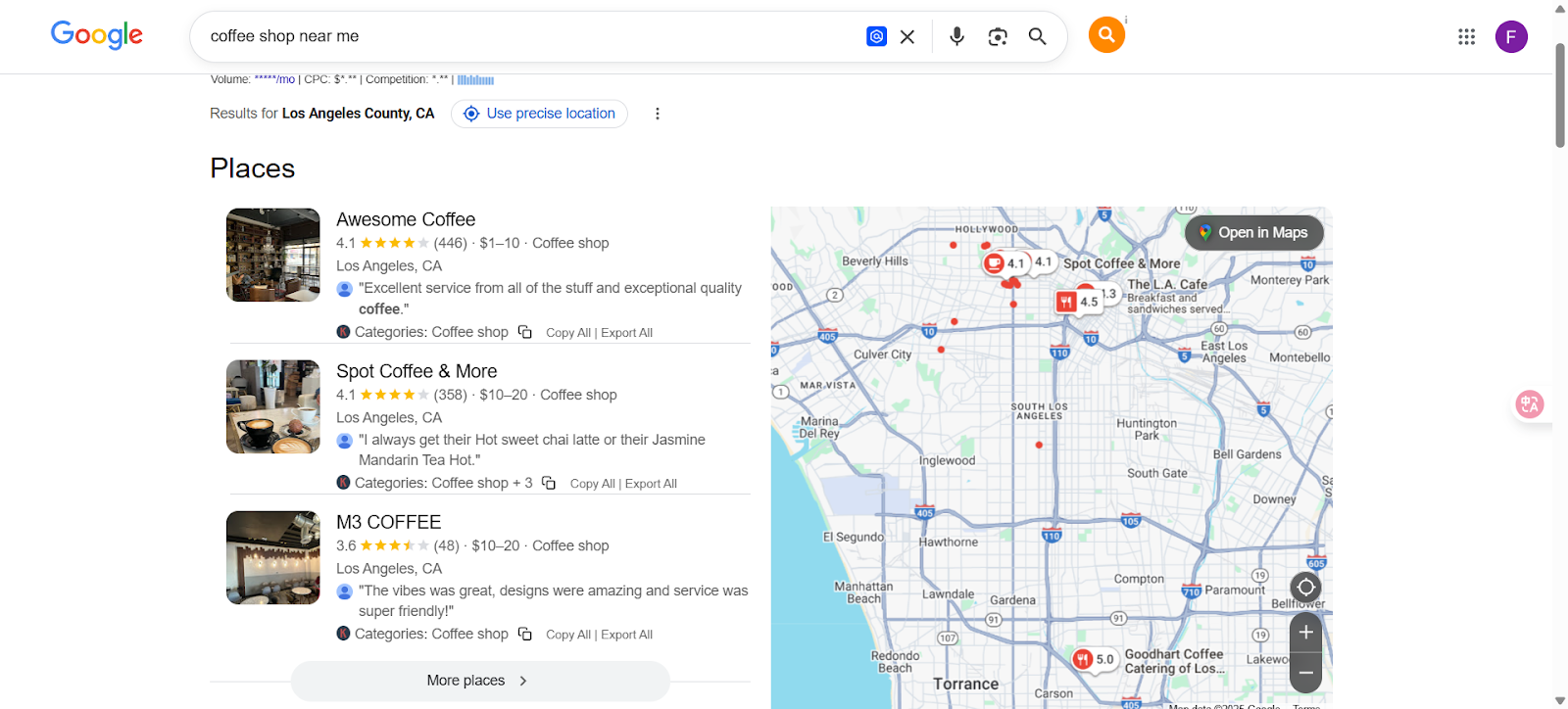 显示了洛杉矶县的咖啡店搜索结果,包括几家推荐的咖啡店及其评分和价格范围