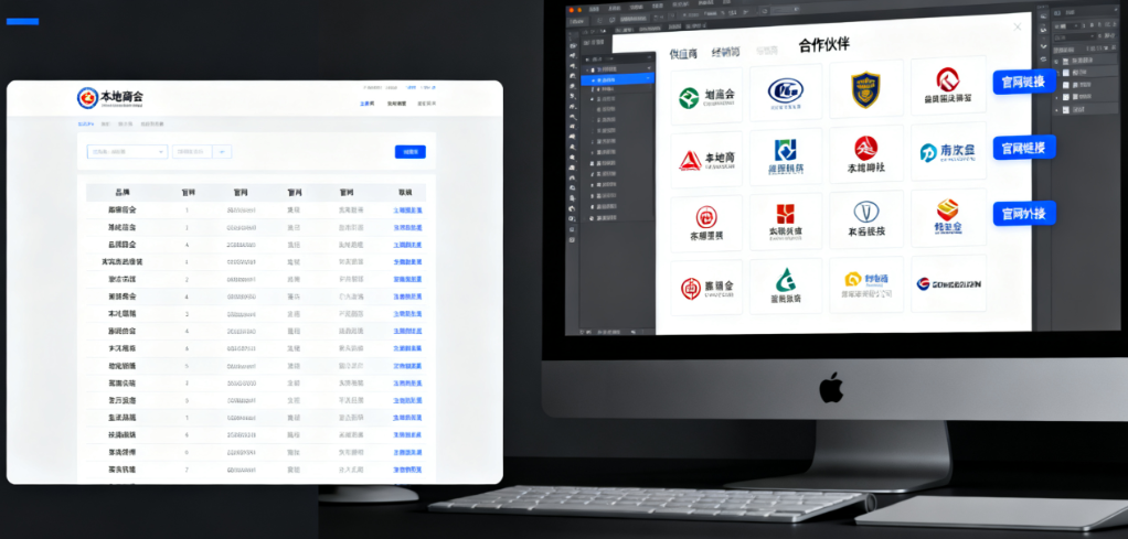 一台显示器上显示着两个界面,一个是列表,另一个是合作伙伴的图标集合。