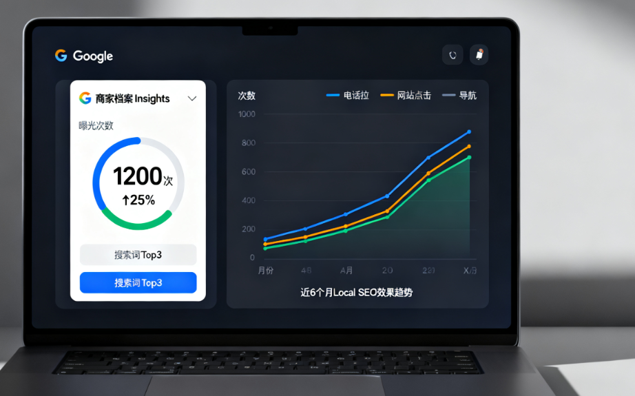 一台笔记本电脑屏幕上显示Google商业洞察的数据,包含访问次数和趋势图表。