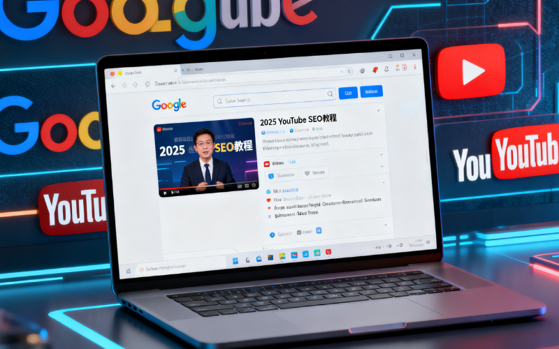 一台笔记本电脑显示着关于2025年YouTube SEO教程的视频和信息，背景有Google和YouTube的标志。