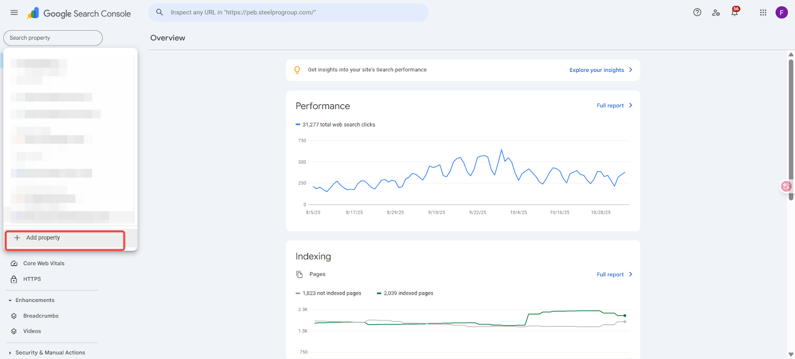 谷歌搜索控制台界面，左侧有网站列表，右侧显示网站性能和索引统计图表。