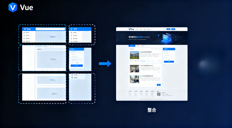 展示了一个网页设计过程,从多个小块合并成一个整合的页面。