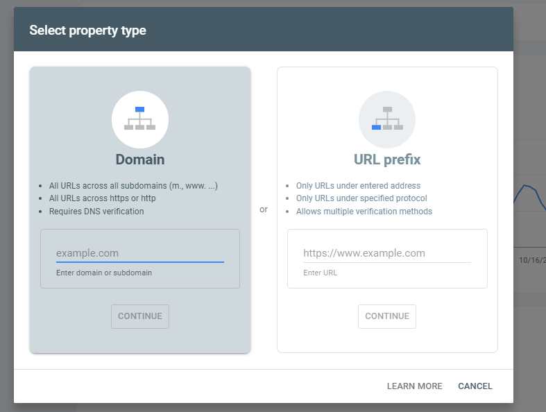 选择属性类型的界面，左侧是“域名”选项，右侧是“URL前缀”，各有输入框和说明。
