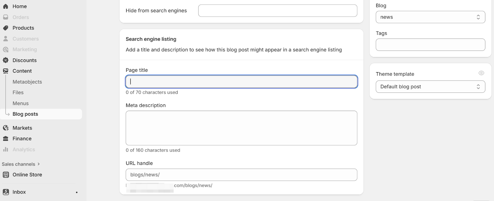 一个博客发布界面，包含页面标题和元描述的输入框。左侧是菜单选项。