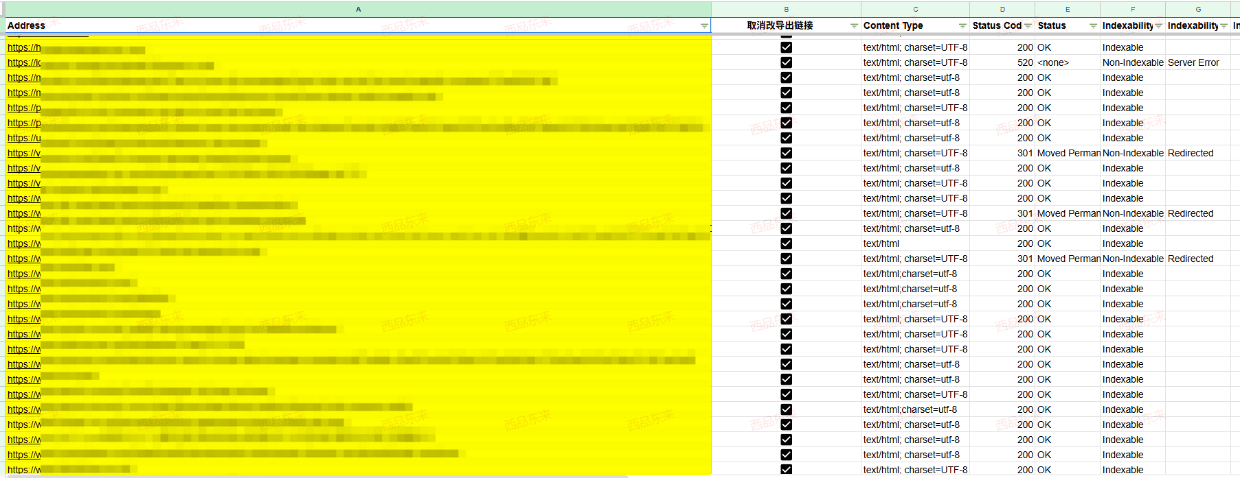 一张展示多个网址及其状态信息的电子表格，部分行以黄色高亮显示。