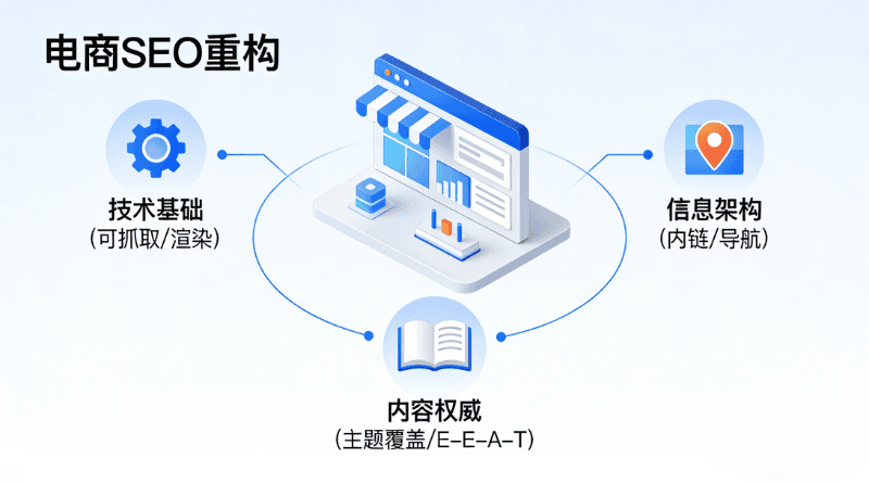 电商SEO重构的图示，包含技术基础、内容权威和信息架构的图标及连接线。