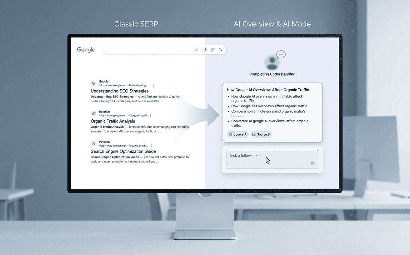电脑屏幕左侧显示经典搜索结果页面，右侧展示AI概览和AI模式的内容对比。