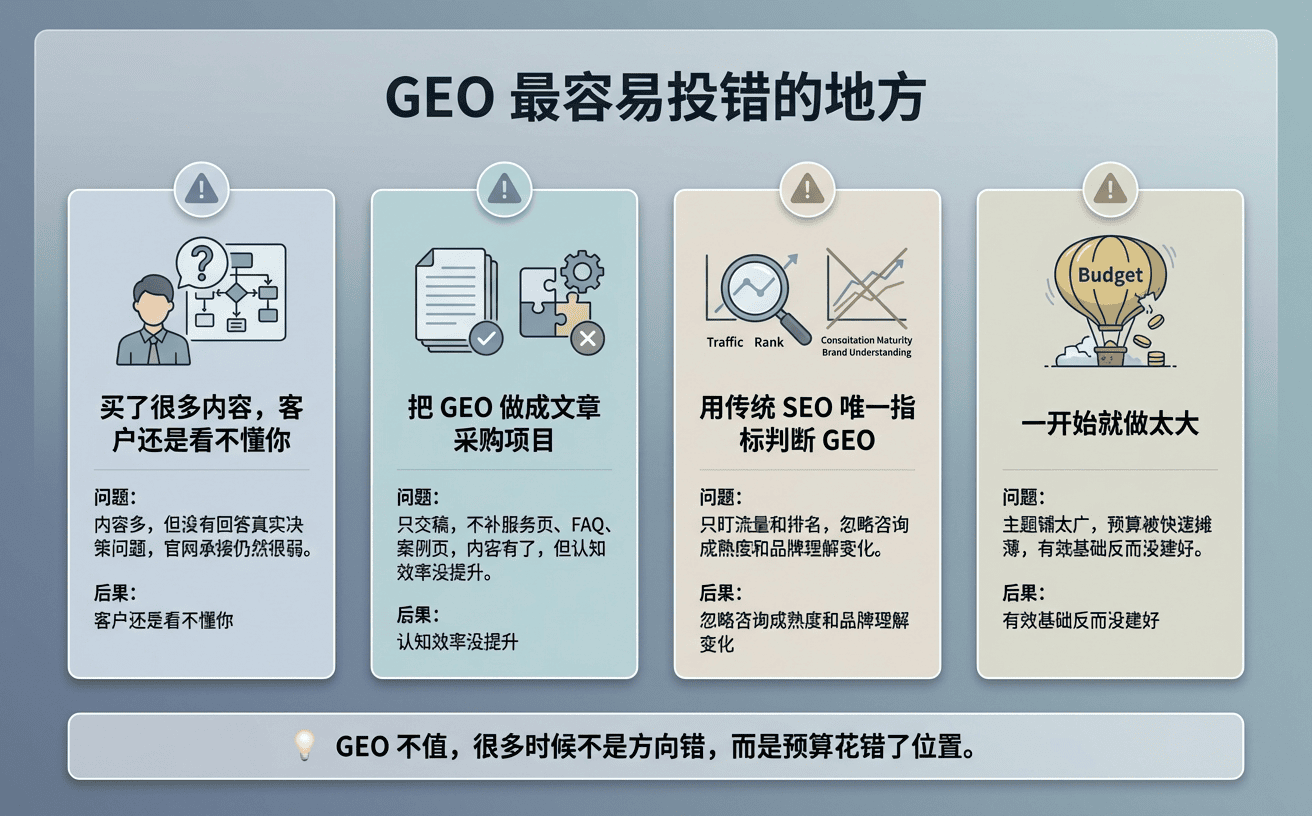 展示了关于GEO问题与解决方案的四个要点,包含图标和文字信息。