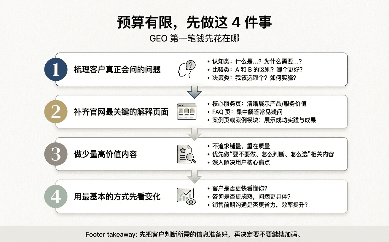 一张包含四个步骤的图表,分别阐述了预算有限时应优先处理的内容及建议。